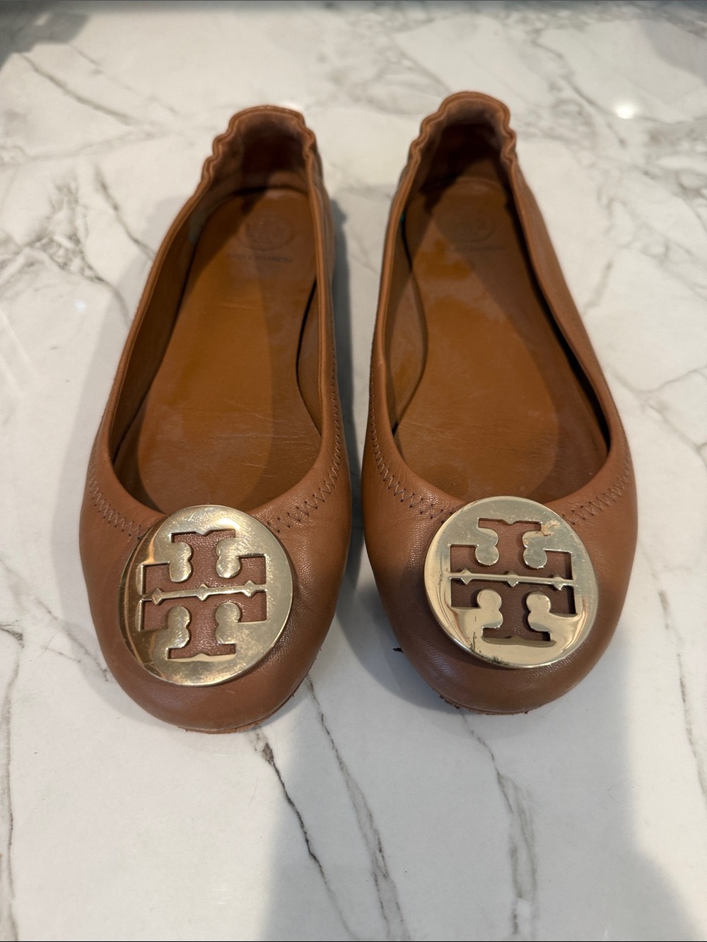 Tory Burch Tan Leather Logo Ballet Flats with Gold Medallions